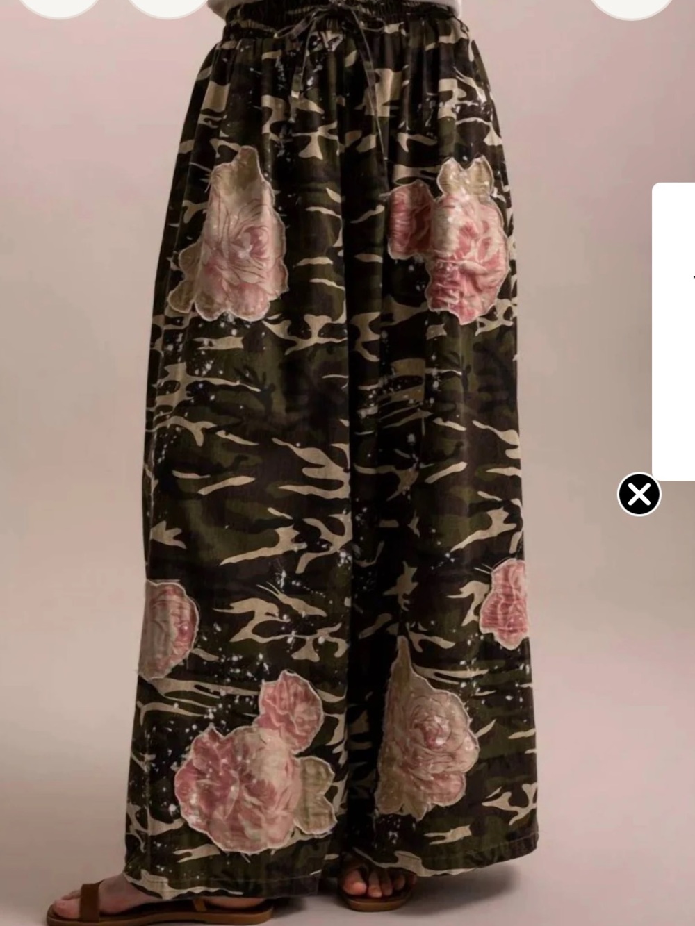 Wide-Leg Camo Pants with Pink Floral Print